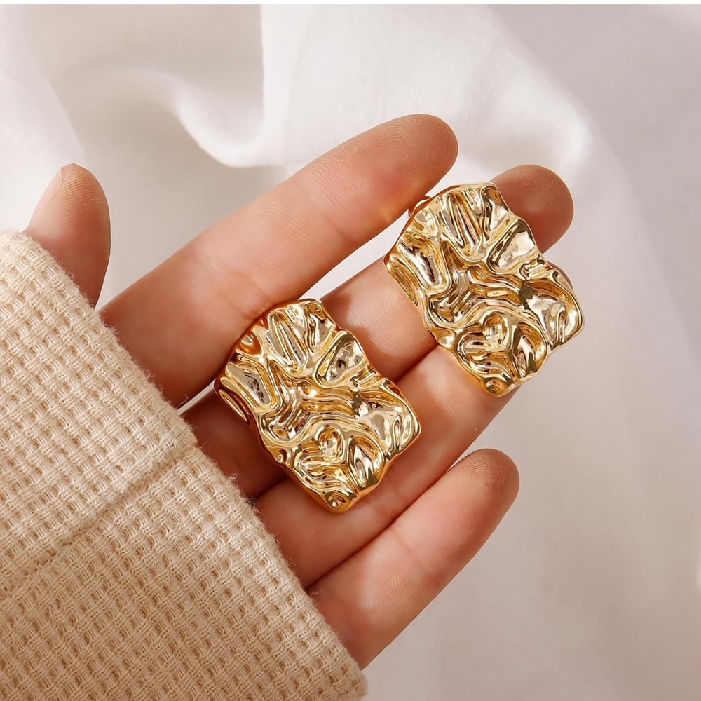 Gold Rectangular Wrinkle Earrings (3422) - image 2